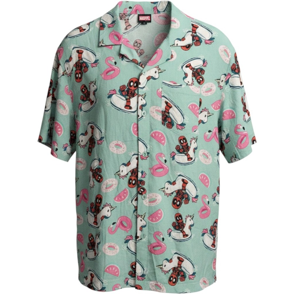 Marvel Deadpool Unicorn Flamingo Mint Green Rayon Camp Shirt Mens Medium NEW